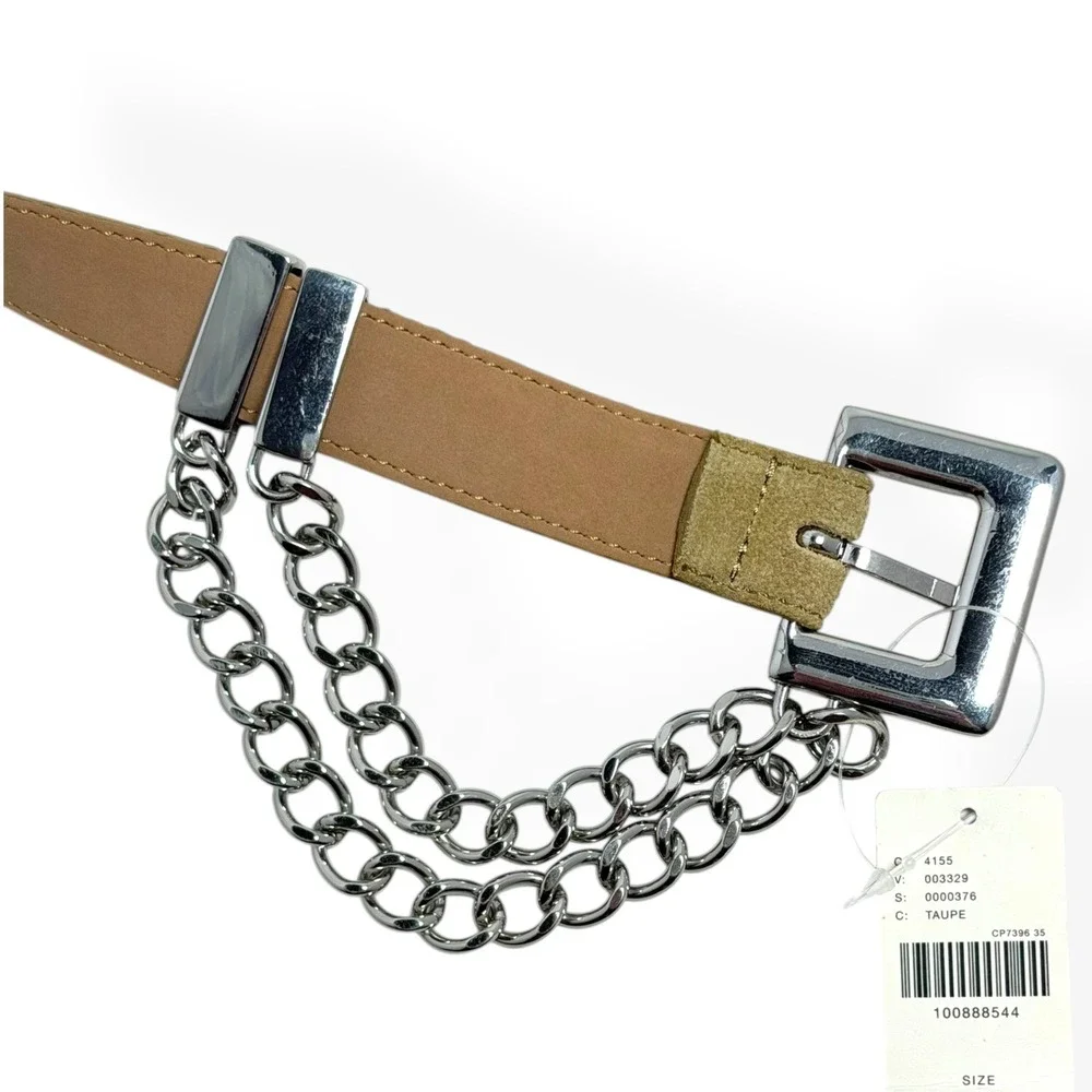 NWT Anthropologie‎ Double Chain Belt XL Taupe Suede Silver Hammered Buckle
